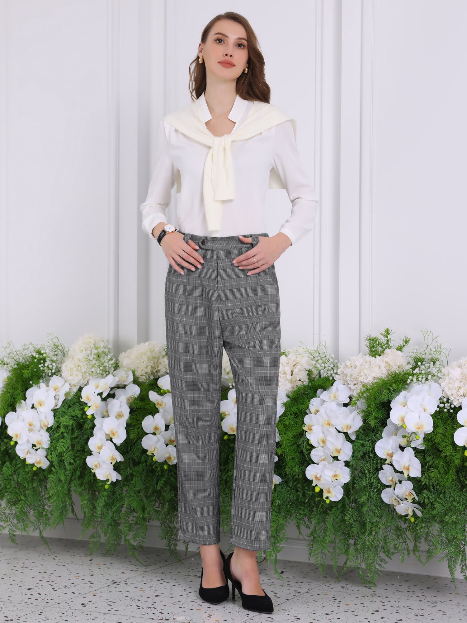 DARING DIVA Women's Plaid Houndstooth Tartan Long Trousers S Light Grey
