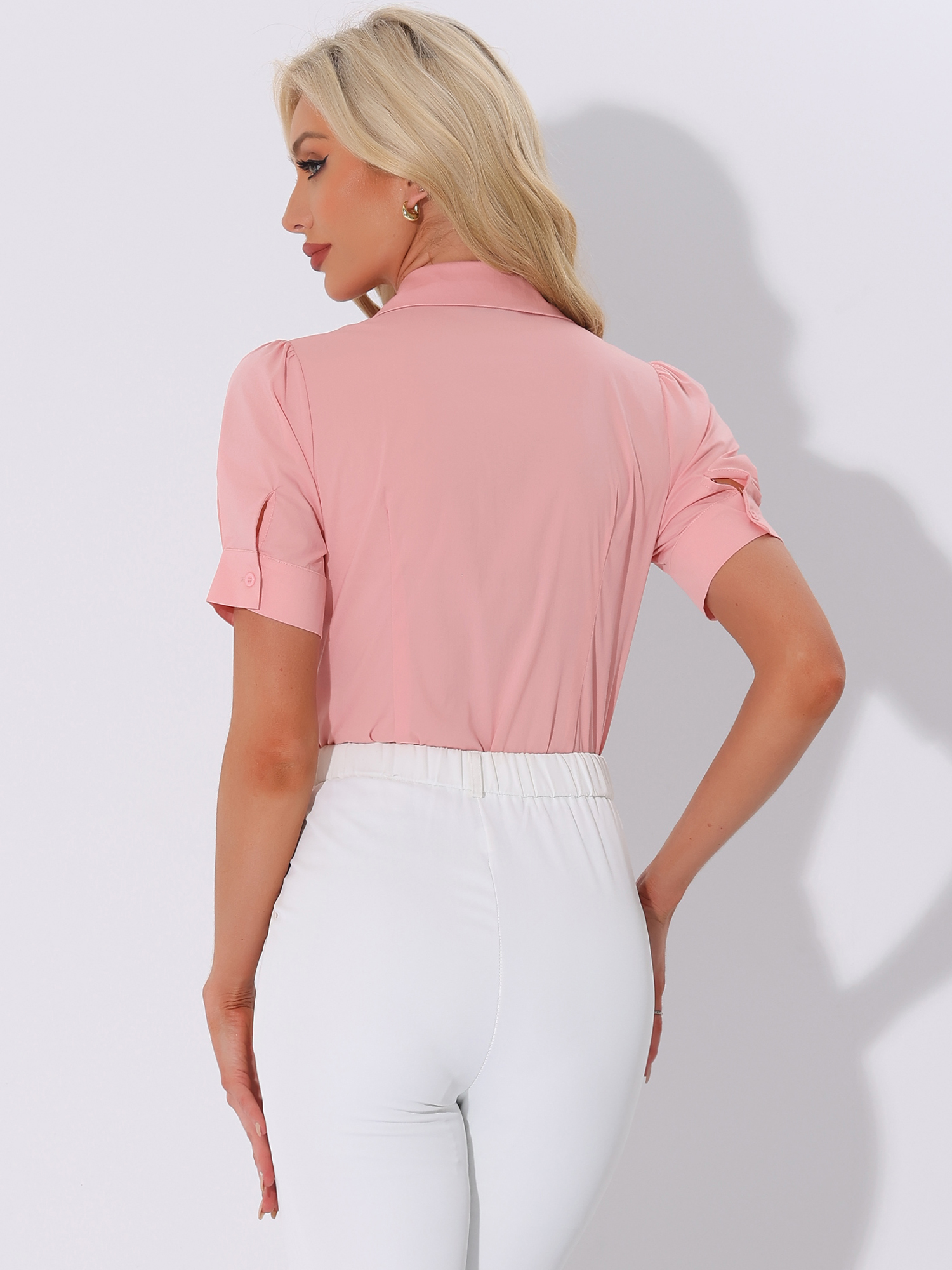 DARING DIVA Office Blouse Button Down Short Sleeve Bodysuit L Pink