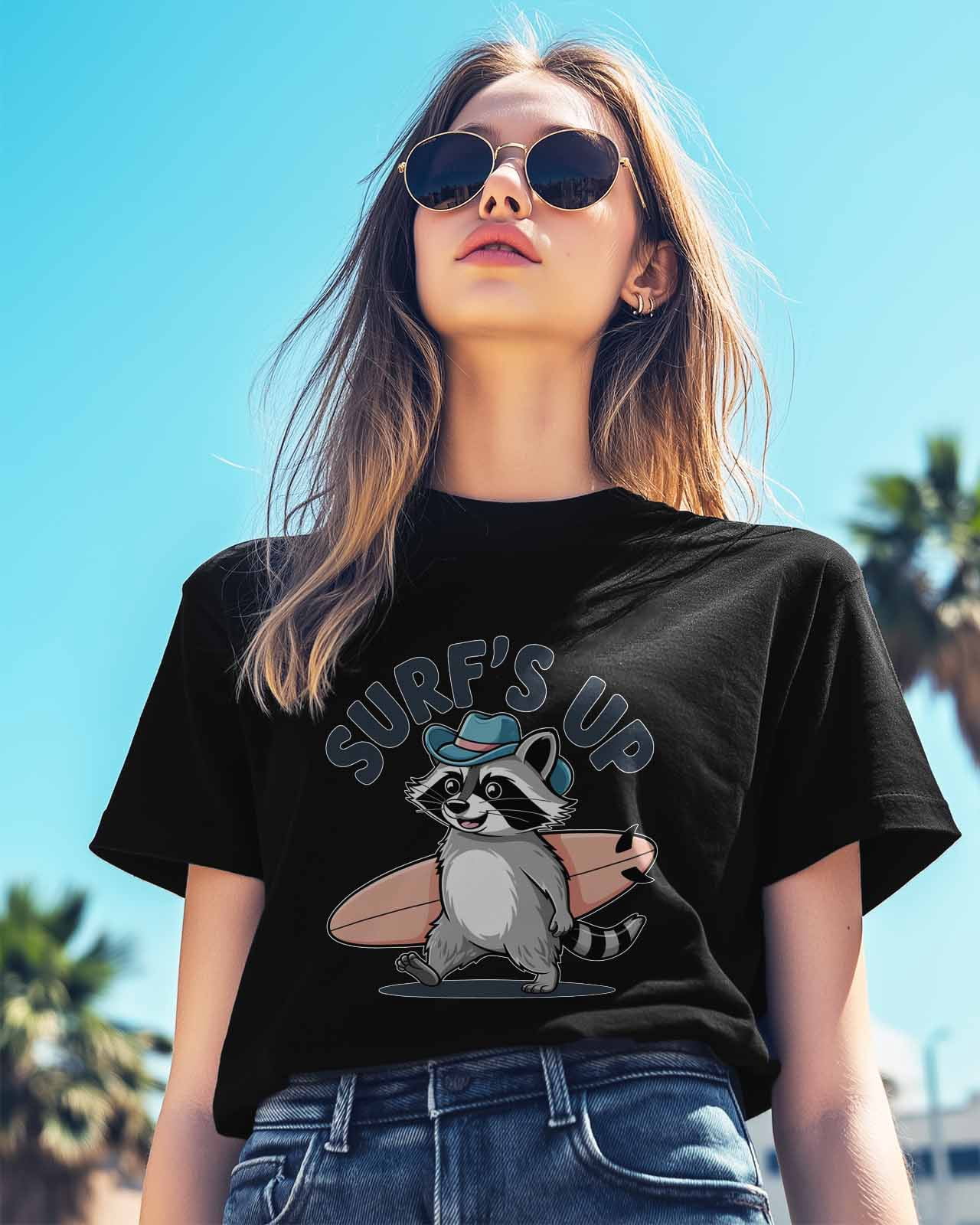 Raccoon Surf Vacation Womens Tshirt Graphic Tees Cotton Crew Neck T-Shirts, Casual Short Sleeve Shirts for Women Teen Girl Funny Animal