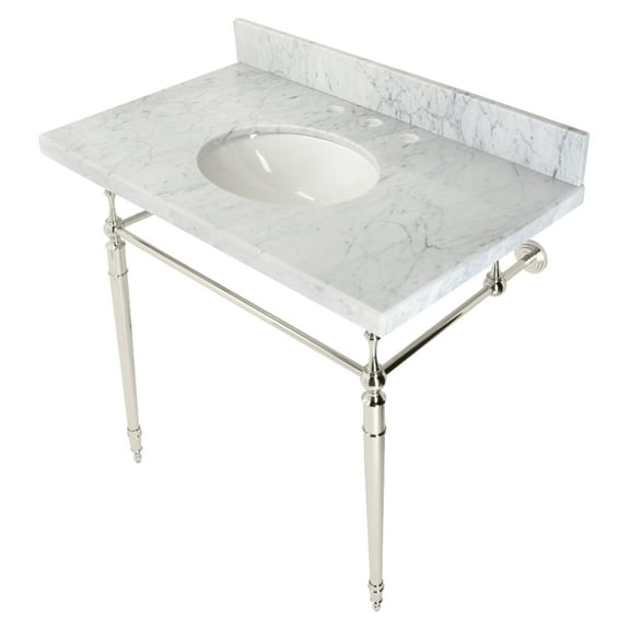 Kingston Brass KVPB3622M86 Edwardian 36" Carrara Marble Console Sink with Brass Legs (8-Inch, 3-Hole), Carrara Marble White/Polished Nickel