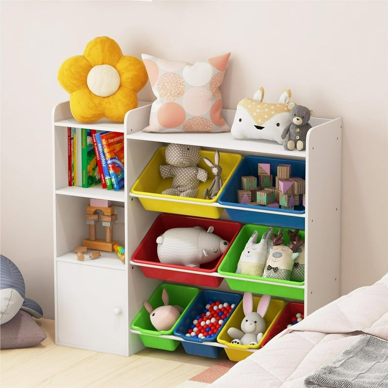 Large Toy Storage Organizer With Bookshelf - 8 Bins & 4 Tiers, White Kids Toy Shelf For Playroom, Nursery, Bedroom