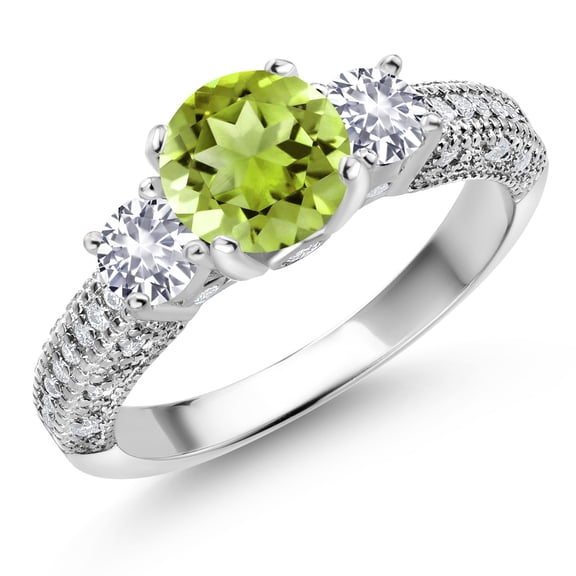 Gem Stone King 925 Sterling Silver Green Peridot White Created Sapphire and White Moissanite Engagement Ring for Women (2.03 Cttw, Gemstone August Birthstone, Round 7MM and 4MM, Size 6)