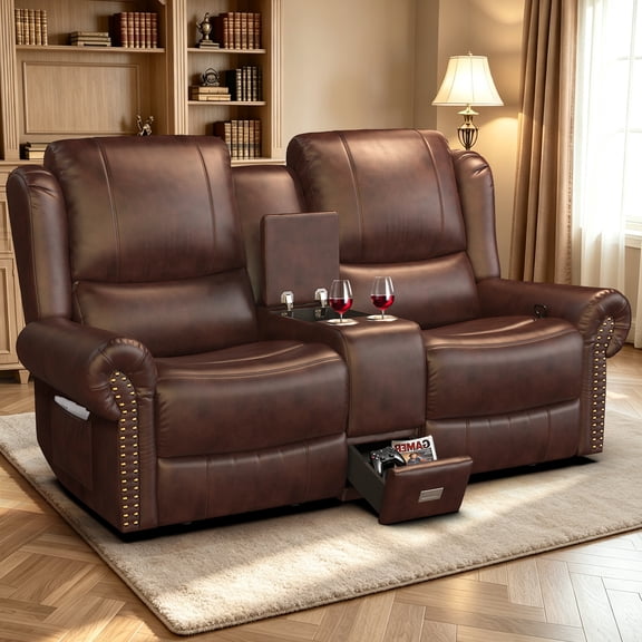 2 Seats Manual Recliner Sofa with Center Console, Nailhead Trim PU Leather Loveseat Recliner with USB, Hidden Storage Drawer & Cup Holders, Push Back Reclining Sofa for RV Home Theater, Brown