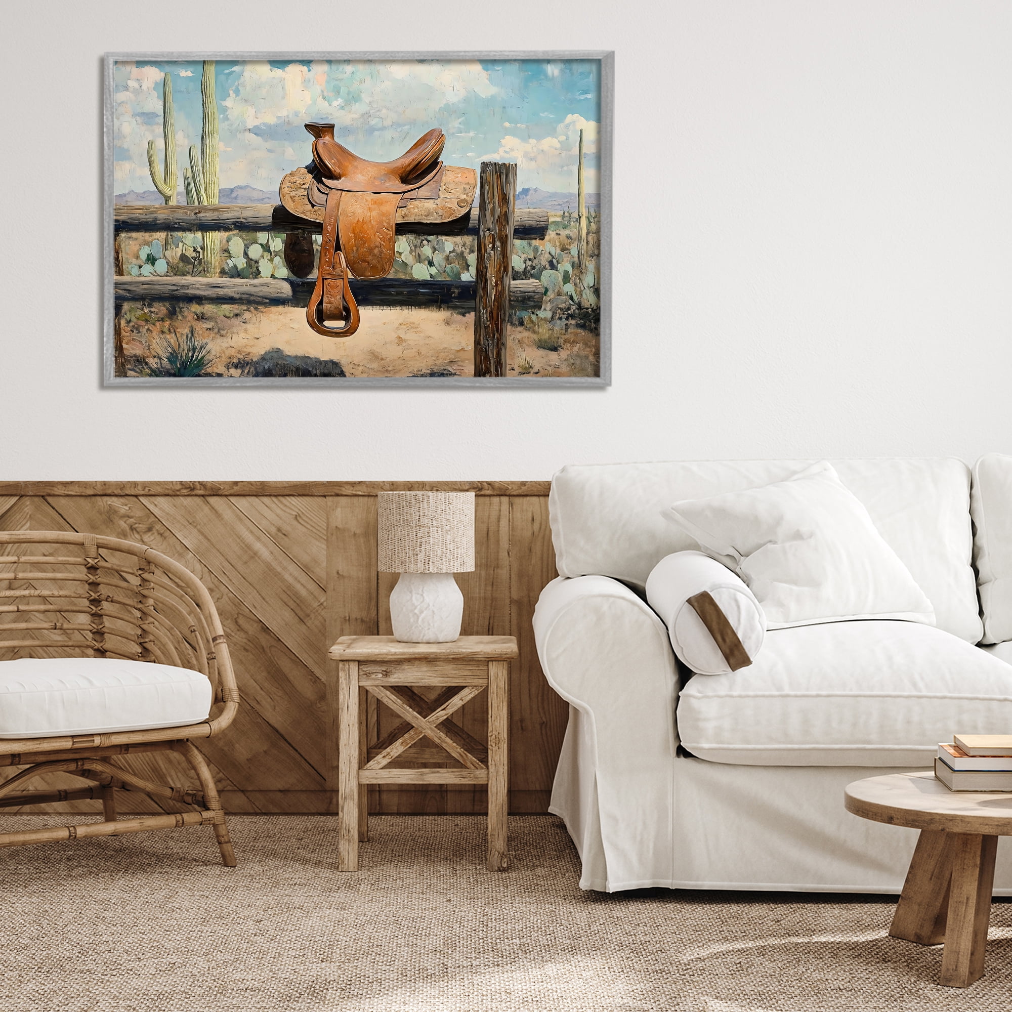 Stupell Industries Saddle on Desert Fence Gray Framed Giclee Art, design by Franklyn Gregory