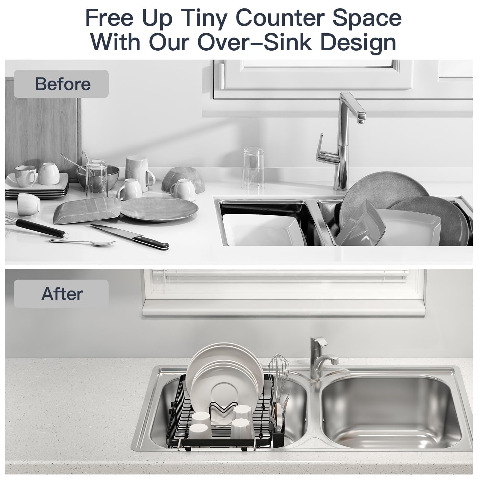Expandable Stainless Steel Over The Sink Dish Drying Rack For Small Kitchen Counter Space Saving  Compact Rv Plate Drainer Strainer In Black Wire Metal With Hanging Adjustable Utensil Holder