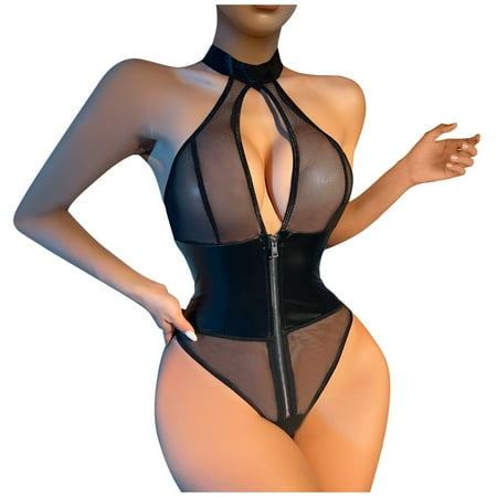 

FeternalWomen s Solid Color Fun Underwear Sexy Hollow Out Fishing Net Open Back Hanging Neck Lacquer Leather Underwear