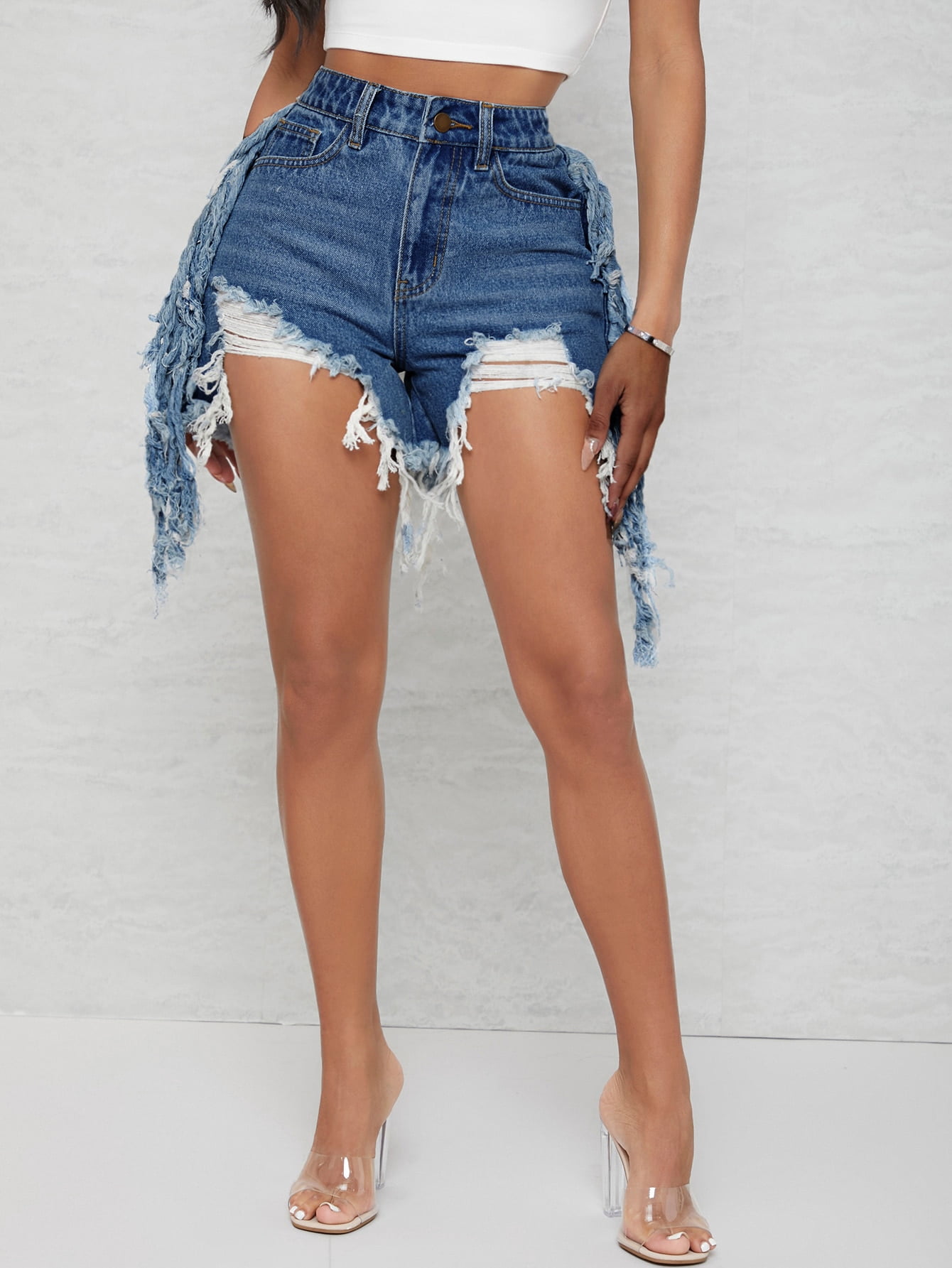 Women's High Waist Fringe Trim Ripped 