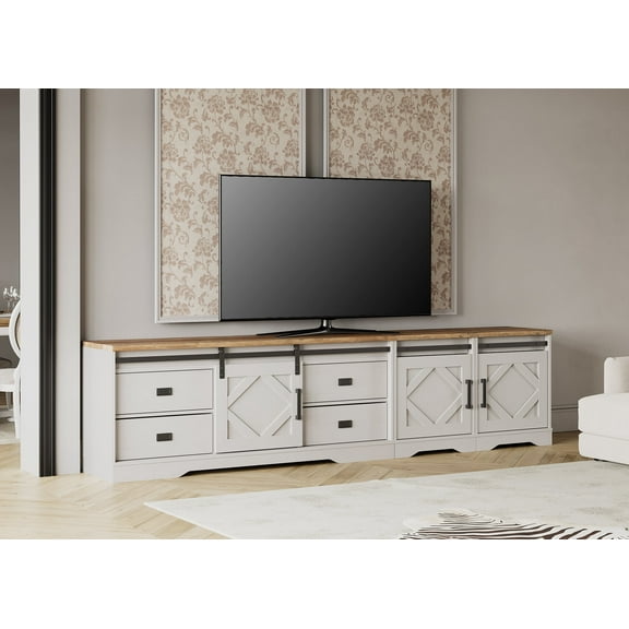 WAMPAT Farmhouse TV Stand for up to 110" TVs Wood TV Cabinet with Drawers and Adjustable Shelf for Living Room, Cream White