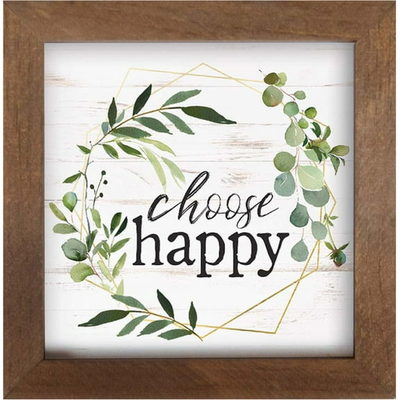 Choose Happy Greenery Wreath 7 x 7 Inch Pine Wood Framed Wall Art Plaque