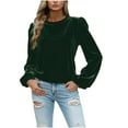 thumbnail image 3 of QATAINLAV Womens Puff Long Sleeve Velvet Tops Solid Color Cute Crewneck Pullover Dressy Elegant Ruched Holiday Tunic Shirts, Army Green, XXL, 3 of 6