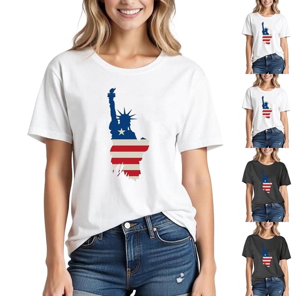Goodtrade8 Summer Shirts for Women USA Years Anniversary Casual Pullover Fashion Red White and Blue Crew Neck Fourth of July American Flag Short Sleeve Womens Shirts Graphic