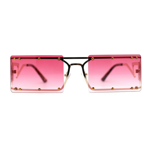 Metal Stud Rimless Rectangular Unique Metal Rim Sunglasses Gold Burgundy