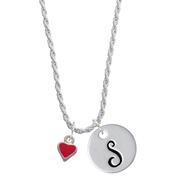 Delight Jewelry Silvertone Mini 2-D Red Heart Silvertone Script Initial Disc - S - Charm Necklace, 20"+3"