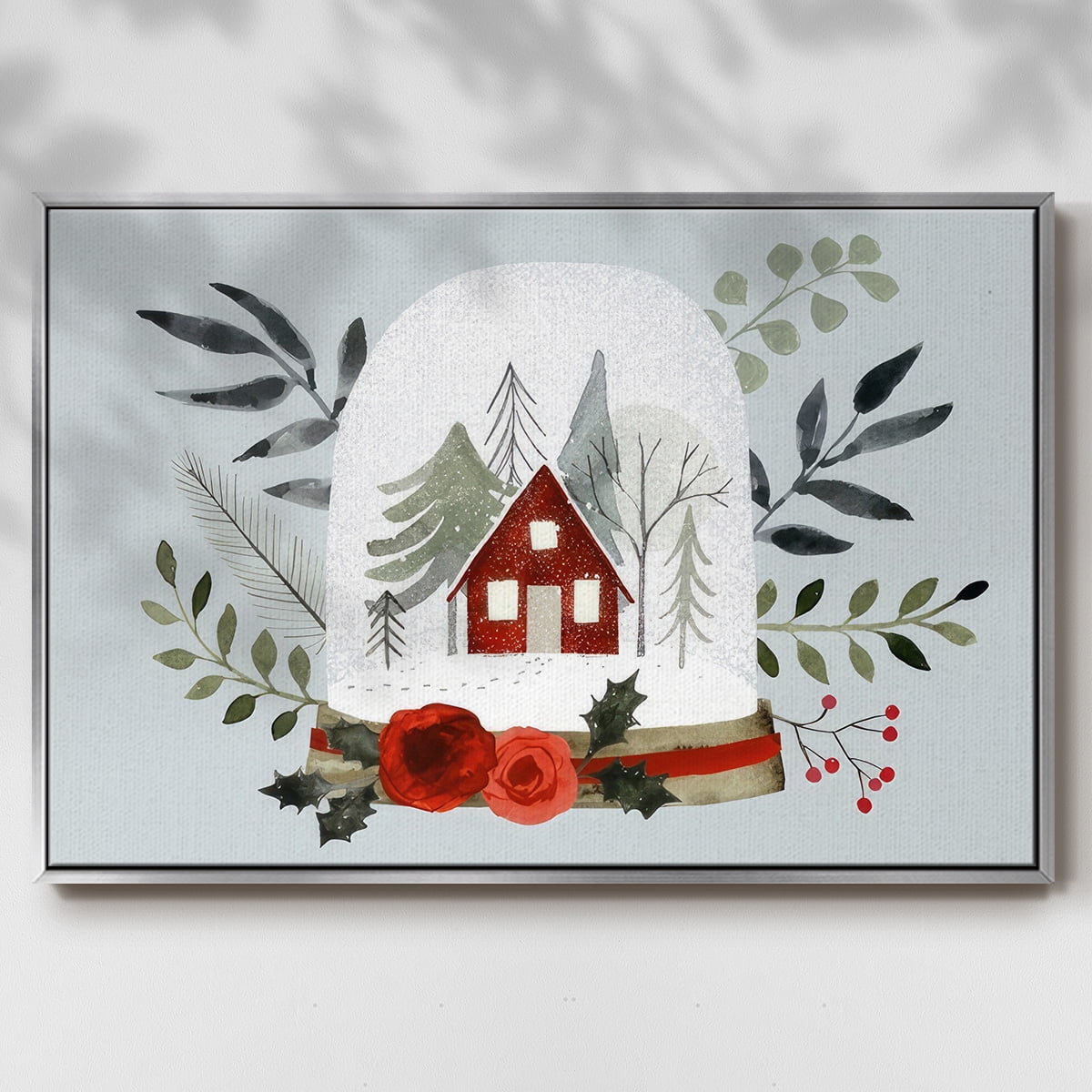 Snow Globe Village Collection A - Framed Gallery Wrapped Holiday Canvas - 27 x 41 - Silver Frame