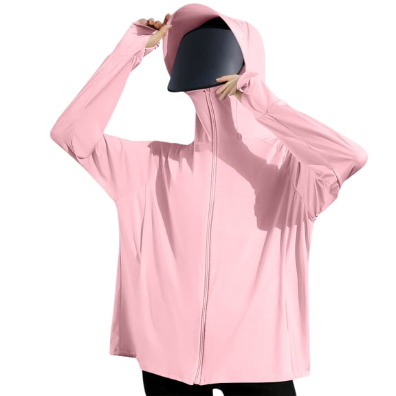Domuza Womens Upf 50 Sun Hoodie Shirts with Mask and Brim Long Sleeve Solid Tshirts Summer Fashion Uv Protection Ice Silk Sunscreen Blouses Pink One Size