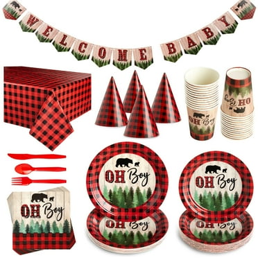 1170 94 Piece Lumberjack Baby Shower Decorations for Boy - Oh Boy Buffalo Plaid Party Supplies with Plates, Napkins, Tablecloth, Hats, Banner (Serves 24)