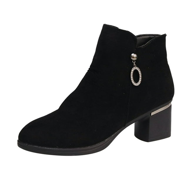 NECHOLOGY Botas Mujer Adulto Femenino Zapatos Botines mujer mujer Flock Color sólido de imitación otoño suela gruesa tacones cuadrados cremallera botines cortos zapatos de punta redonda (Black, 7)