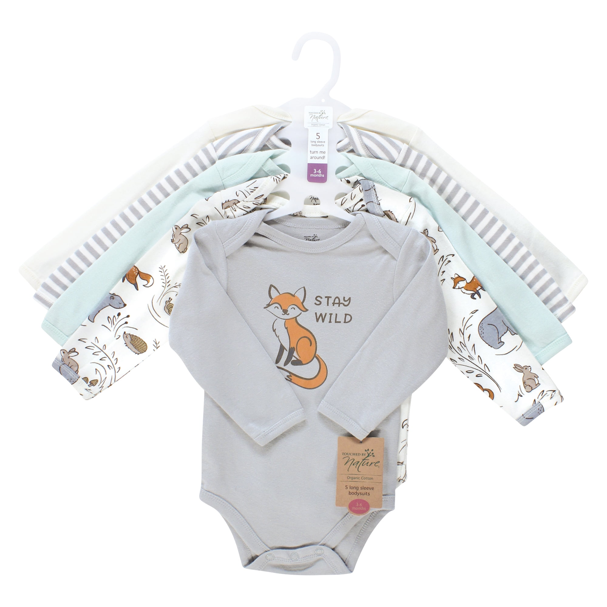 Touched by Nature Unisex Baby Organic Cotton Long-Sleeve Bodysuits, Dreamy Woodland, 18-24 Months