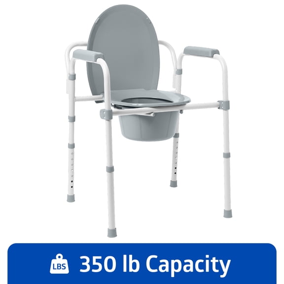 Medline 3-in-1 Steel Bedside Commode, Elongated Seat, Sturdy Folding Frame, 7.5 QT. Bucket, 350 lb. Weight Capacity, Clip-on Seat, Easy Cleaning, Tool-Free Assembly, Gray