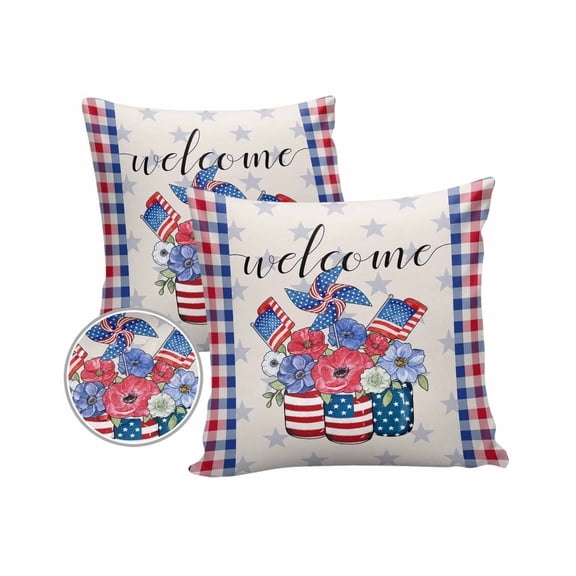 Pack of 2 Outdoor Pillow Covers, 4th of July American Flag Red Blue Flowers Star Waterproof Square Throw Pillowcase Cushion Decorative Pillow Covers for Couch Patio Tent, 20x20 in