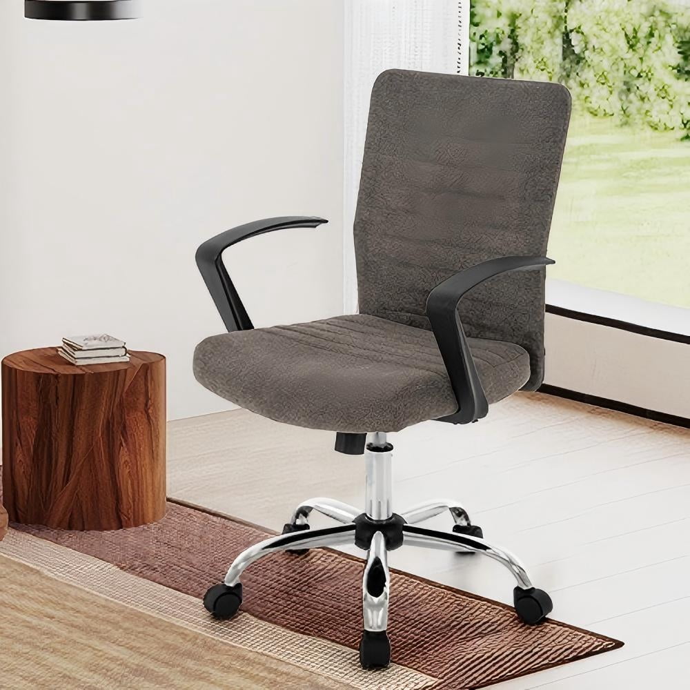 Linen Office Chair with Arms, Upholstered Mid-Back Desk Chair with Adjustable Height and Back Angle, 360° Swivel with Wheels for Home Office or Study (Dark Grey)