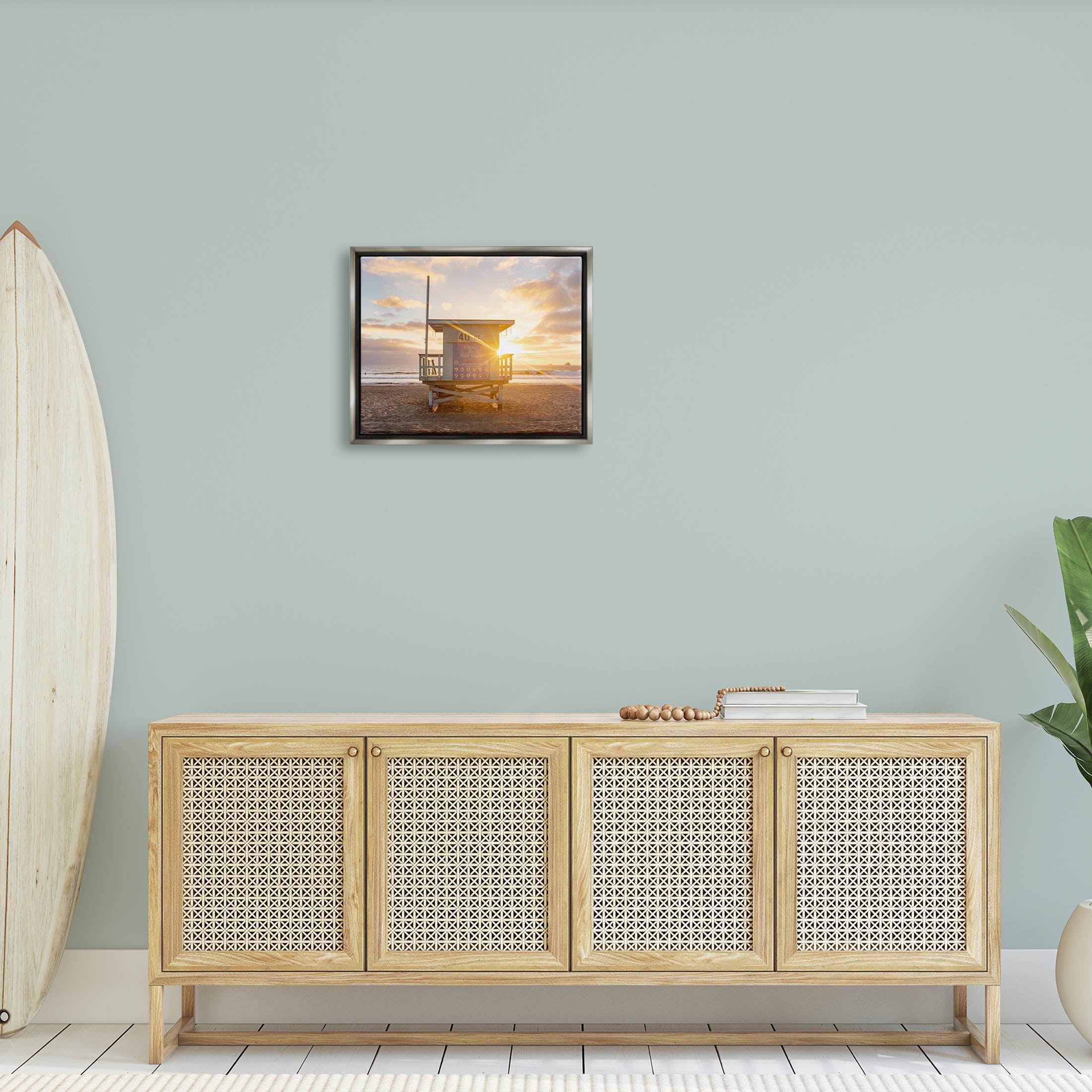 Beach Hut Sunset Flare Coastal Photograph Luster Gray Framed Art Print Wall Art
