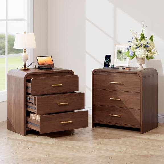 Whalefall Nightstand Set of 2 with 4 Drawers, Mid Century Modern End Table with Charging Station & Hidden Compartment, Wood Curved Bedside Table for Bedroom, Walnut