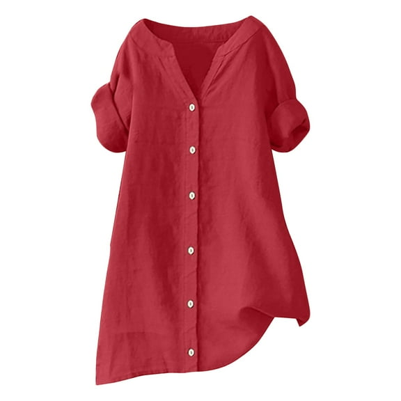 Oversized Tshirts for Women, Loose Button Shirt Top Stand Solid Color Medium Sleeve Collar Casual Shirt, Red L