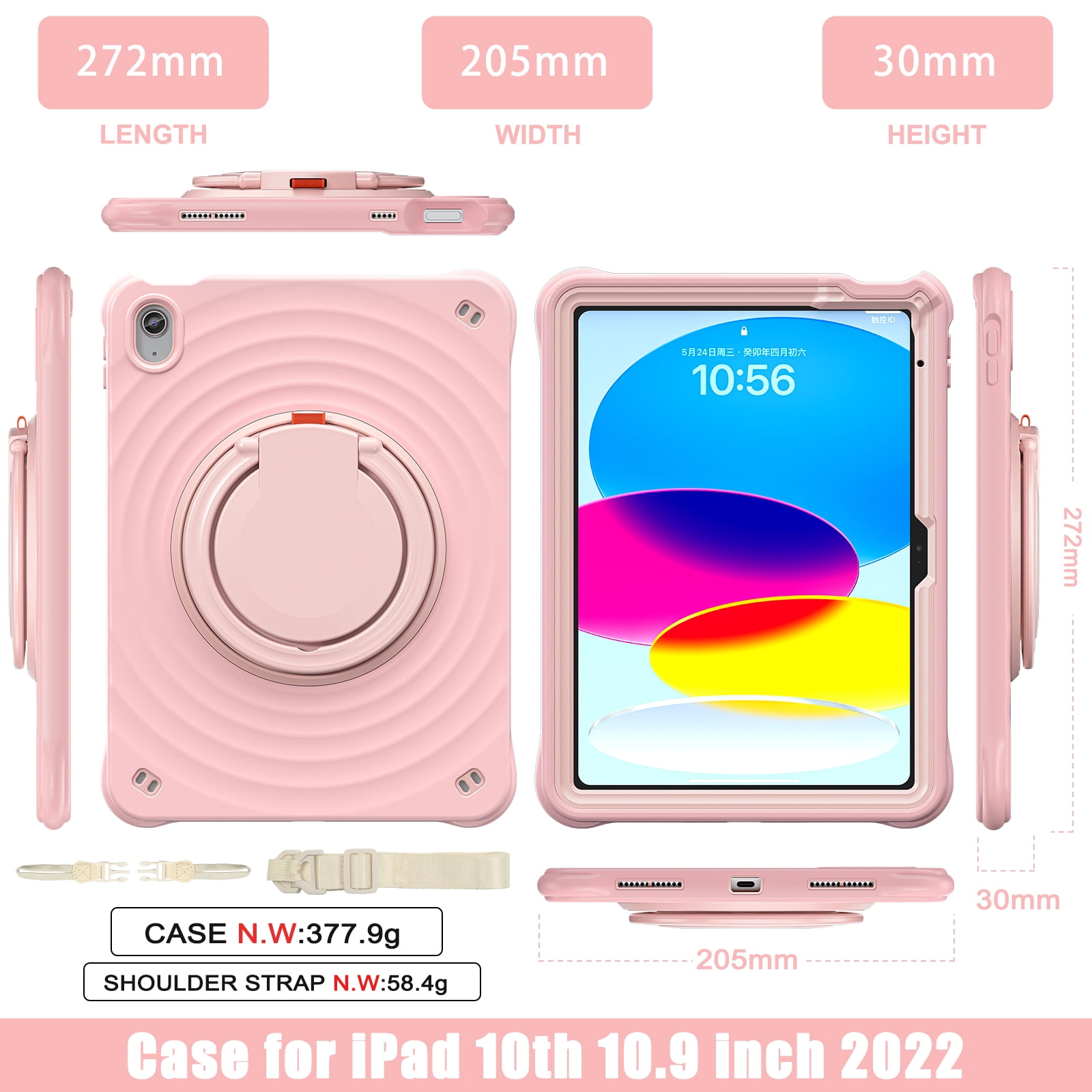 ELEHOLD Case for Apple iPad 10th Gen, Portable Hybrid Shockproof iPad Case with Pencil Holder & Hanging Ring Handle Rotatable Kickstand,Pink