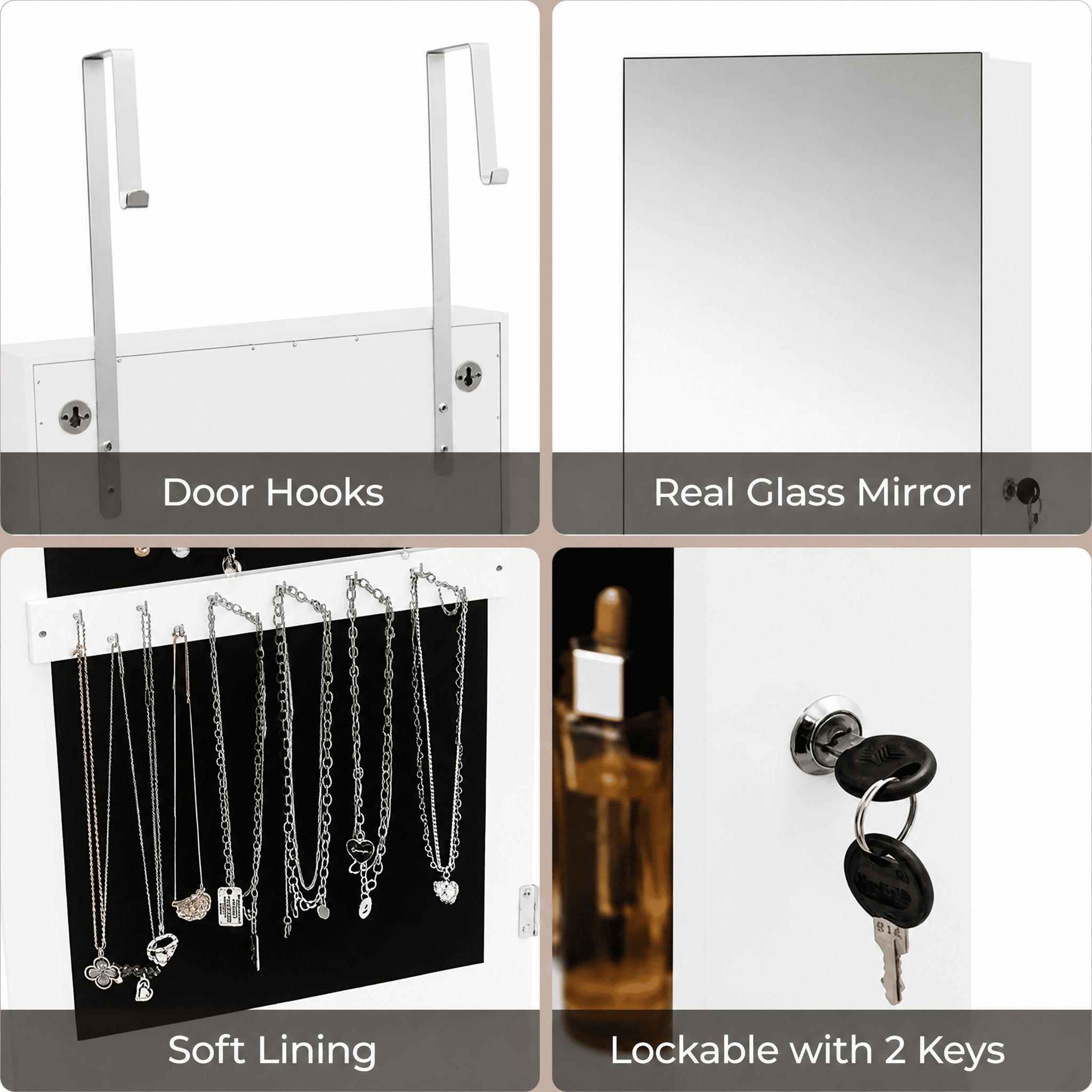 Whole Surface PVC Film Wall-Mounted Jewelry Cabinet With Mirror & Lock Large Storage For Accessories White