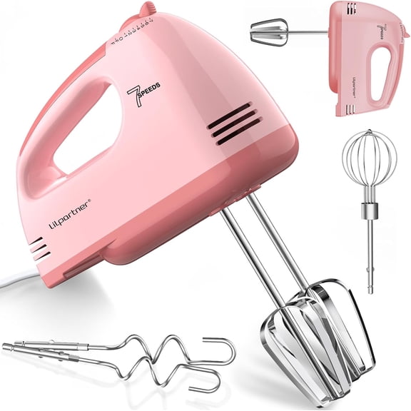 Hand Mixer Electric, Ultra Power Kitchen With 7-Speed & 5 Stainless Steel Accessories for Whipping Dough, Cream, Cake, Dishwasher Safe, Pink