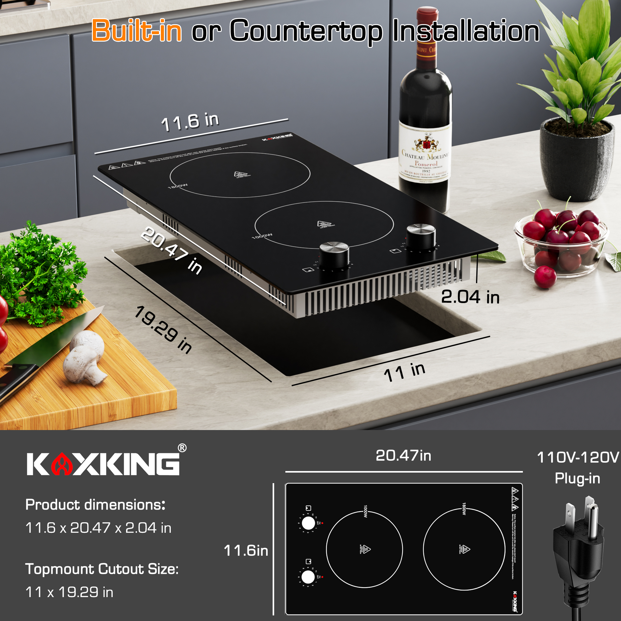 12 Inch 2 Burner Electric Cooktop, 1800W Ceramic Electric Stove Top, 120V Plug-in Radiant Countertop & Built-in Cooktop, 11 Heat Levels, Knob Control, Residual Heat Indicator