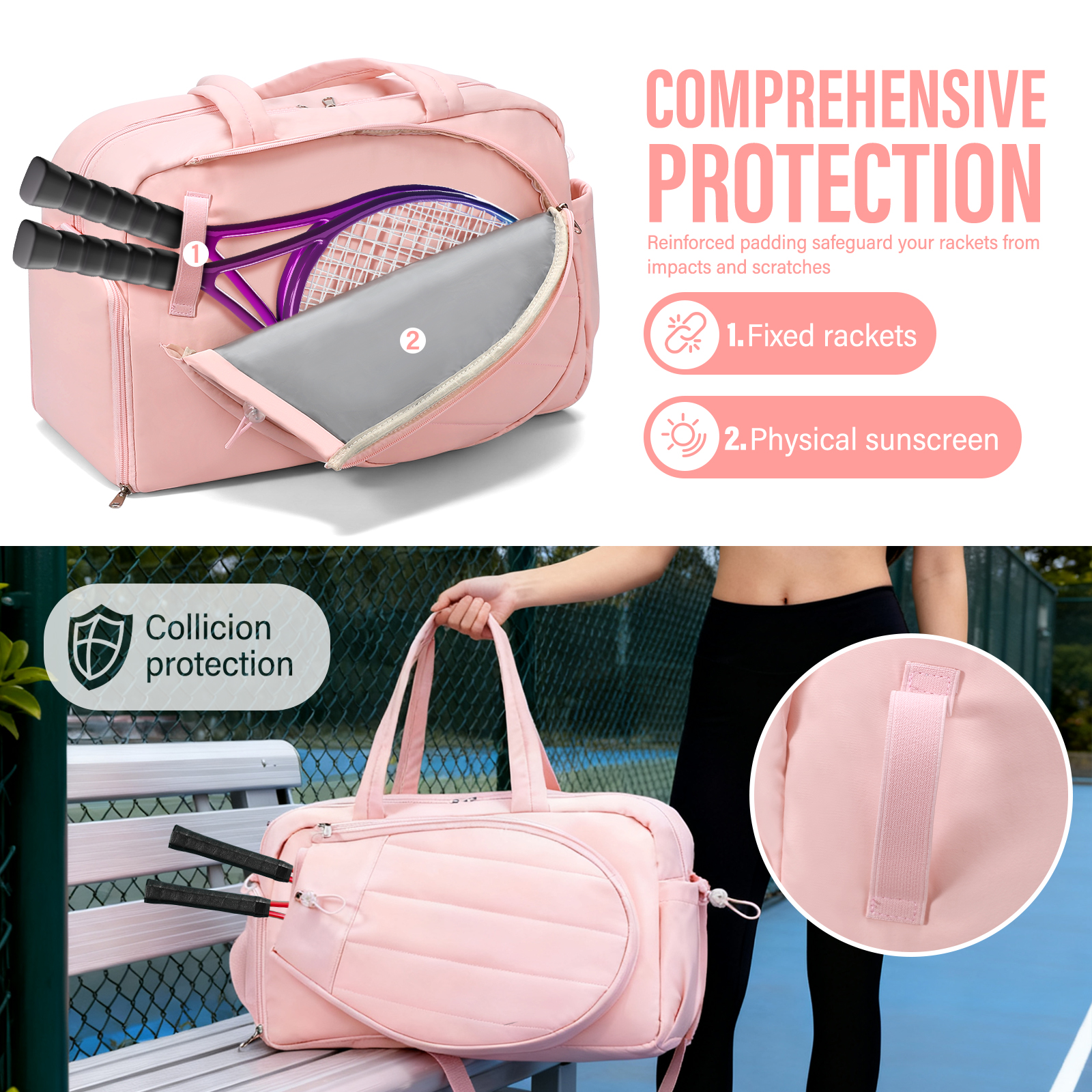 Gocvo Womens Tennis Bag with Shoe Compartment, Versatile Lightweight Tennis Racket Bag, Sports Bag for Tennis Pickleball Badminton (Pink)