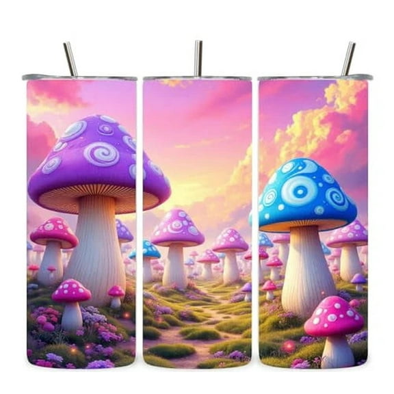 Alpha Printing 20oz Stainless Steel Tumbler – Mushroom Trail Full-Wrap Psychedelic Fantasy Artwork, Colorful Forest Design, Insulated Travel Cup