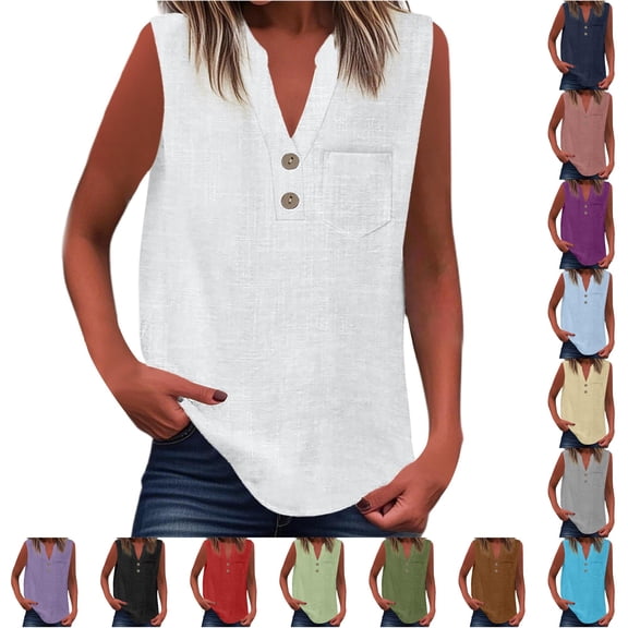 Tanghaowl Womens Tops Casual, Women Casual Sleeveless Button Up Blouse Summer Solid Color Tunic Shirt Pairing Jeans Versatile Wear White XXXL