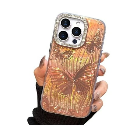 FU1999 Compact Case for iPhone 15 Pro Max Butterfly Design,3D Diamond Camera Lens Protection Frame,Cute Soft Slim TPU Shockproof Protective Phone Cases Cover for Women Girls Aesthetic Gold