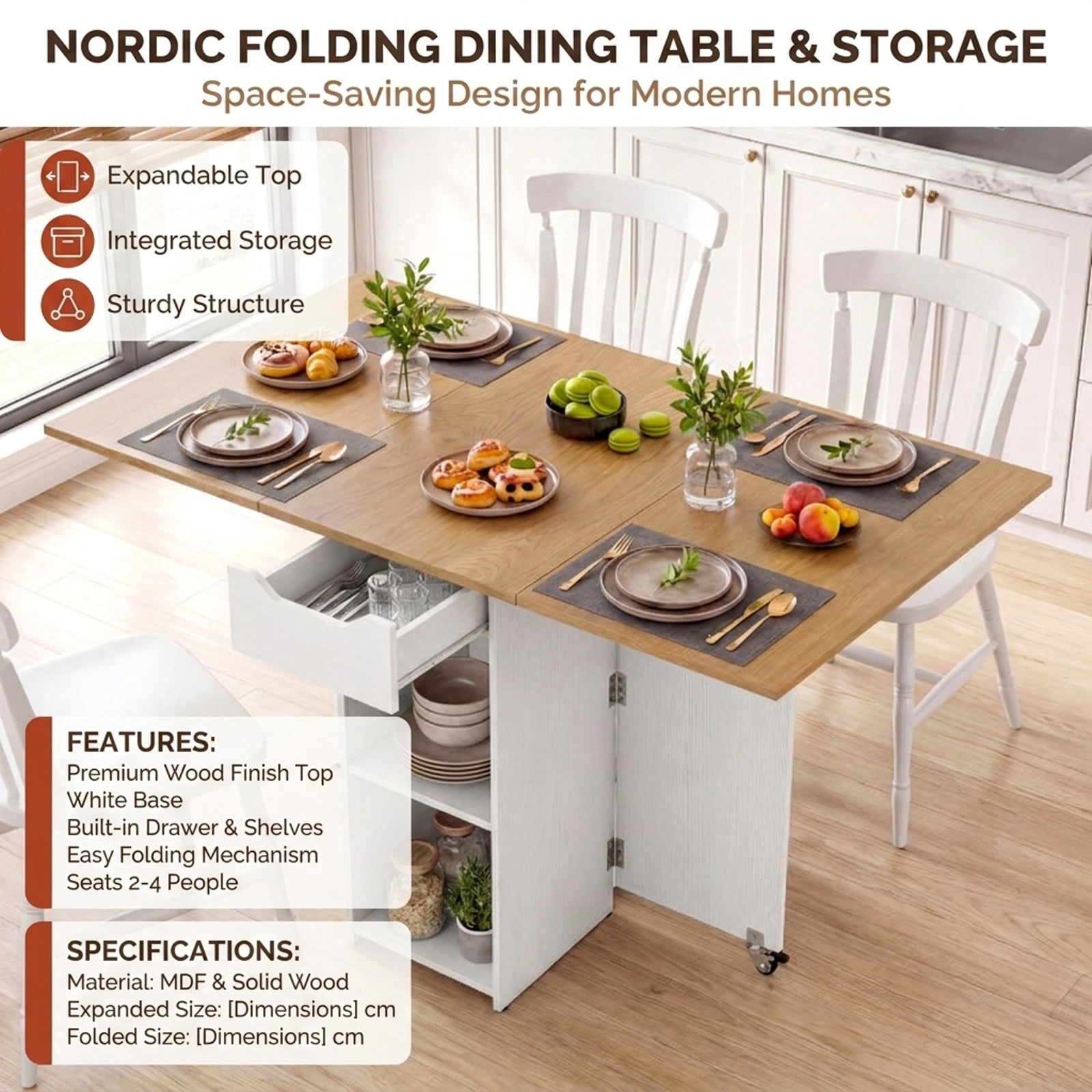 Furnibear 47.5 Inch Farmhouse Extendable Drop Leaf Dining Table with Drawer Shelves and Lockable Wheels for Small Kitchens, Natural