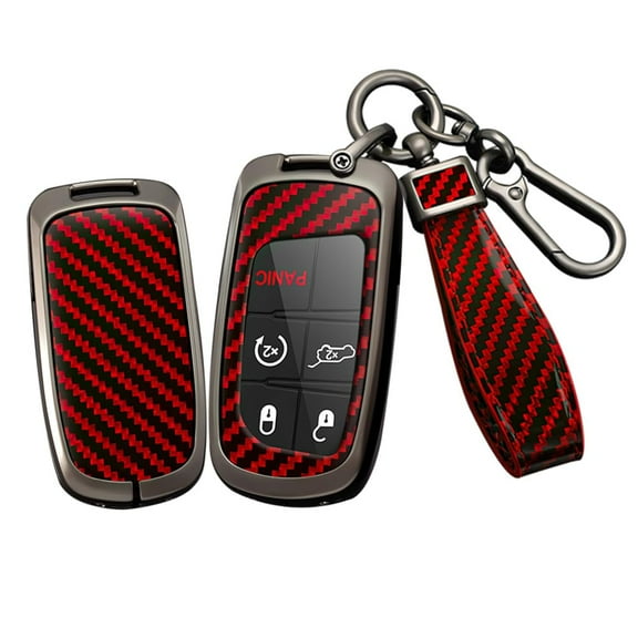 Carbon Fiber Pattern Red Smart Key Fob Cover Case Fit for Jeep Grand Cherokee Renegade for Chrysler 200 300 for Dodge RAM Durango Challenger Journey Keyless with Keychain