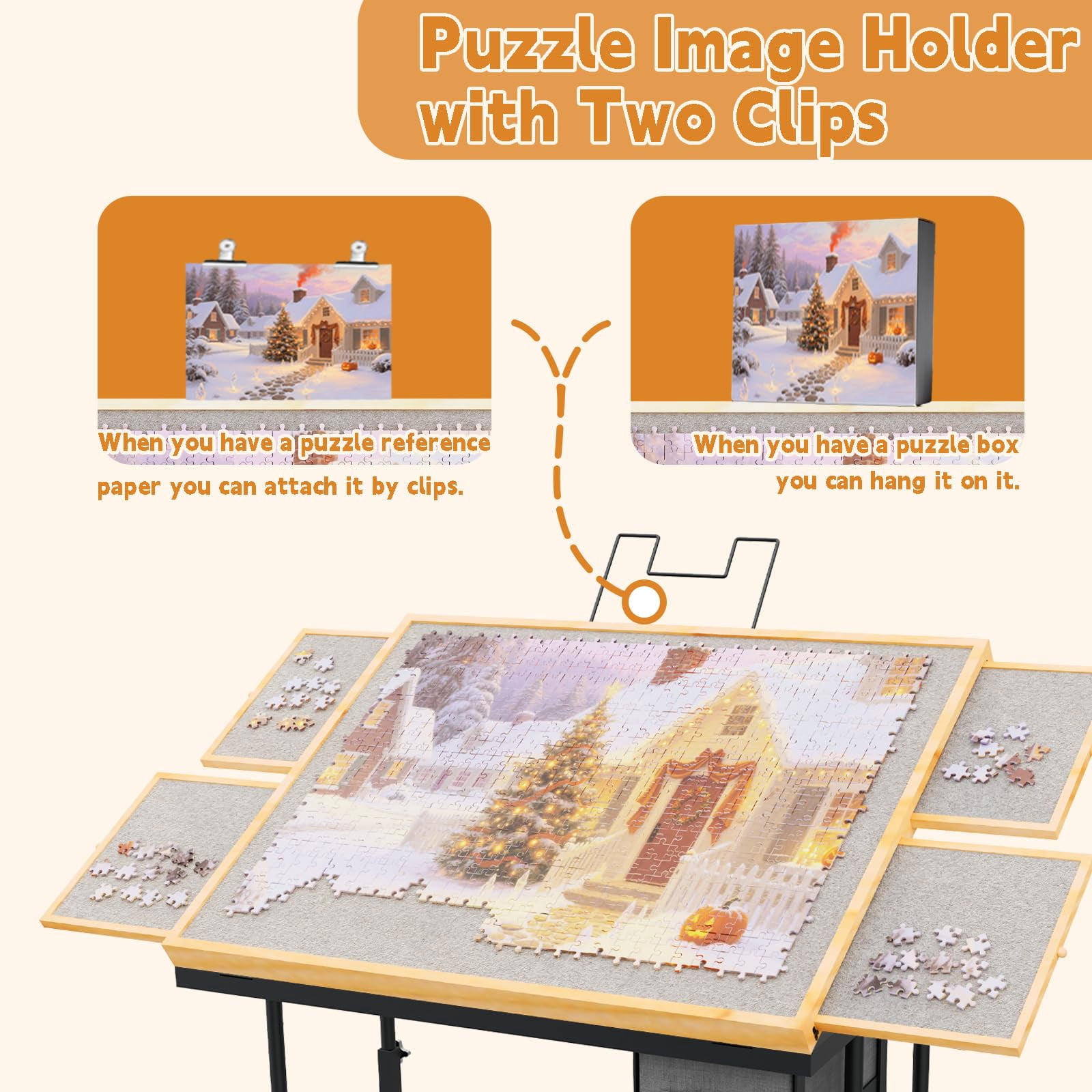 Jigsaw Puzzle Table for Adults with 6 Drawer and Legs, 1500 Pieces Puzzle Table with Protective Cover&Wheels, Adjustable Height and Five up Angles, Natural&Gray