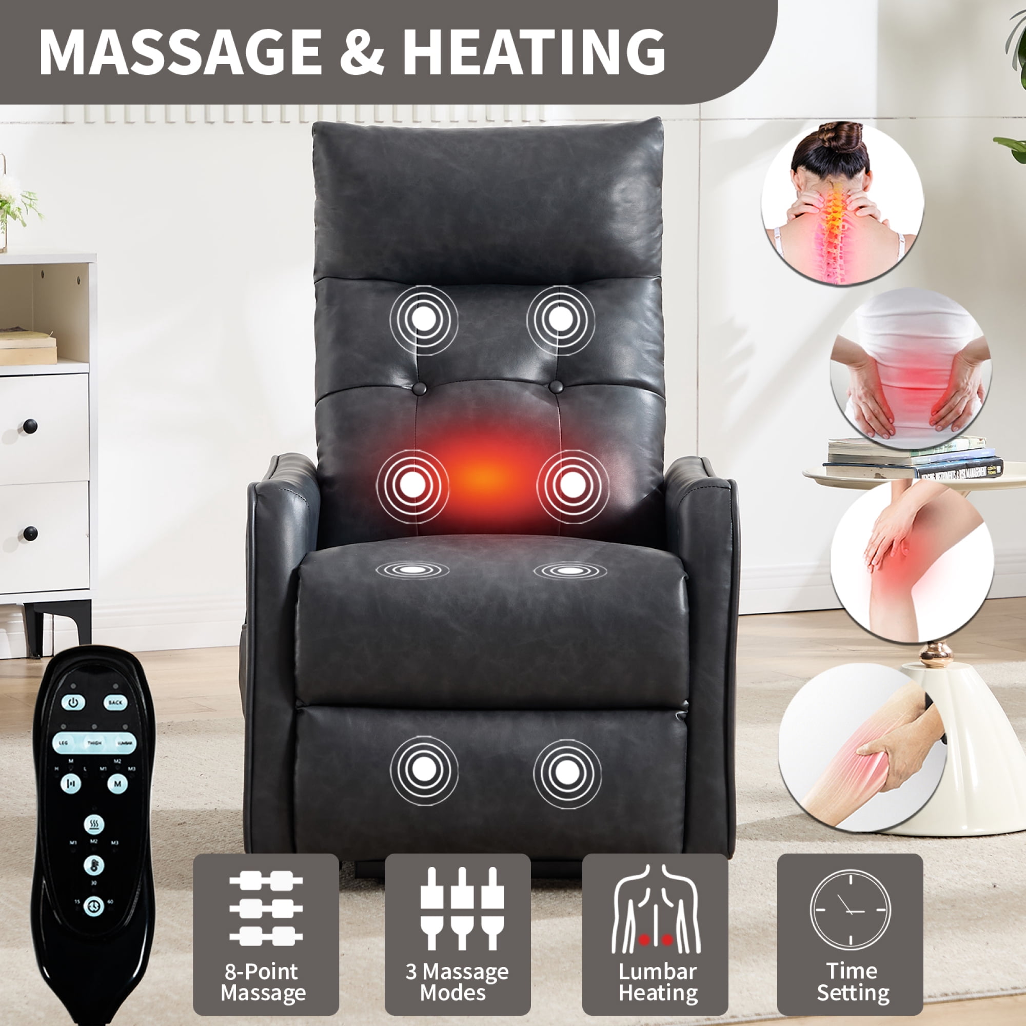 Leumius Power Lift Recliner Chair with Massage and Heat for Elderly,Heavy Duty Electric Reclining Chair with Side Pockets,USB Charge Port for Living Room,Grey-Faux Leather