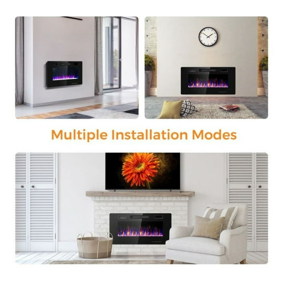 36 Inch Electric Fireplace Wall Mounted, Ultra Thin LED Fireplace Heater with 12 Flame Colors, 1500W Zone Heating, Timer & Remote Control, Black Glass Fireplace for Living Room