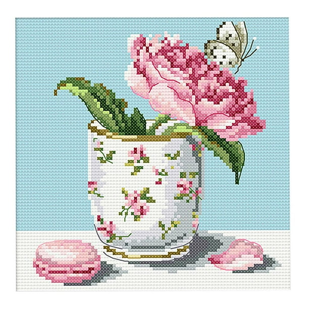 Kit de bordado contado con patrones impresos de punto de cruz de flores estampadas, 11 ct y 14 ct 21 x 21cm 14CT