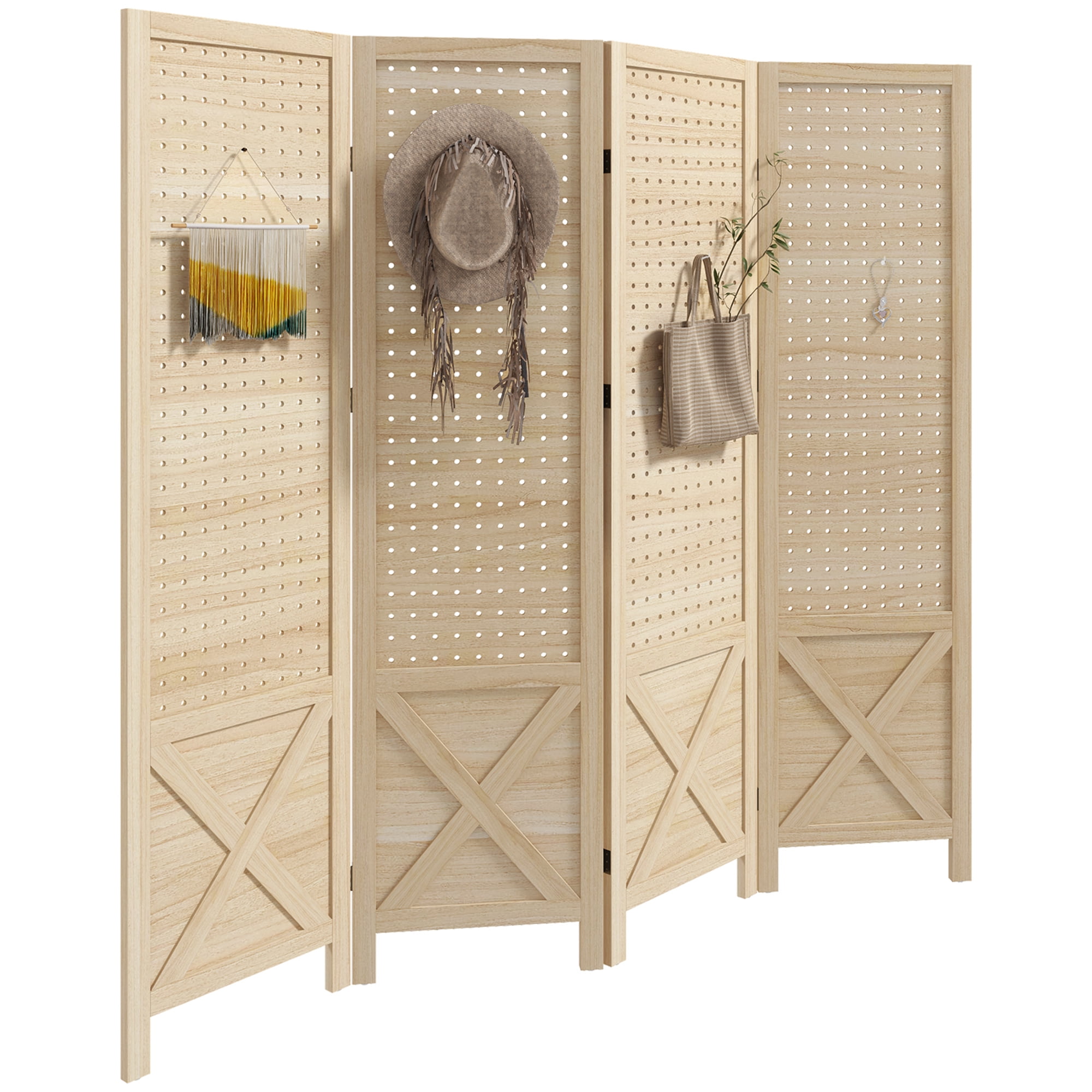 HOMCOM 4.7' 4 Panel Room Divider with Pegboard Display for Indoor, Natural