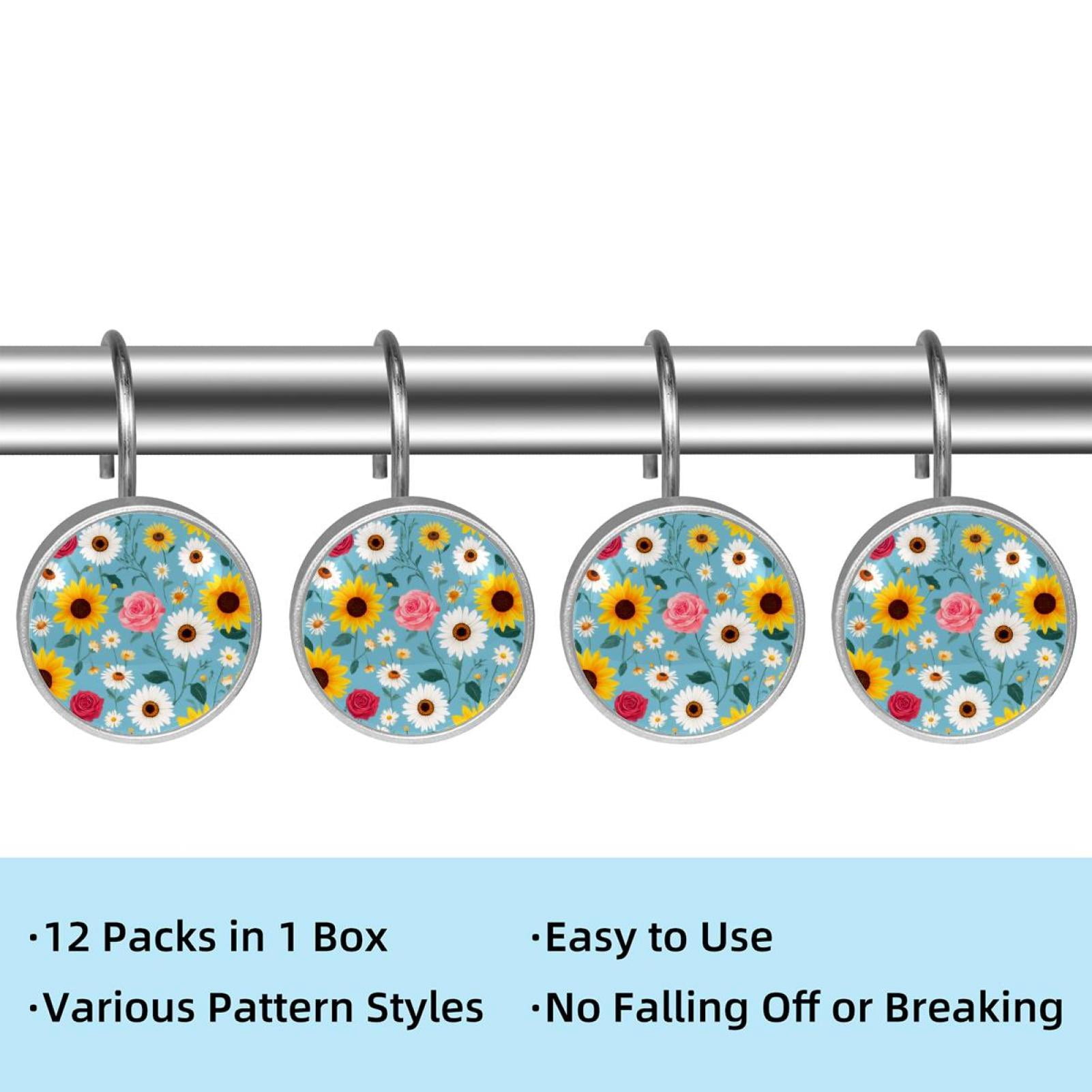 12pcs Decorative Shower Curtain Hooks, Rust Resistant Shower Rings for Bathroom Living Room,Rustproof Stainless Steel Rings for Shower Curtain and Liner Rods,Bohemia Style Flowers