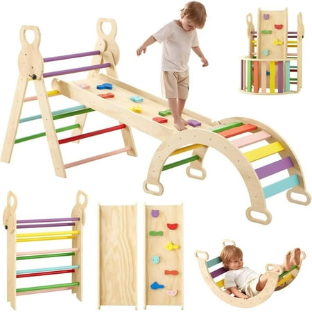 7 in 1 Pikler Triangle Set, Foldable Toddler Baby Climbing Toys, Wooden Montessori Climbing Set, Baby Climber Indoor Playground Jungle Gym for Toddlers Montessori Toys