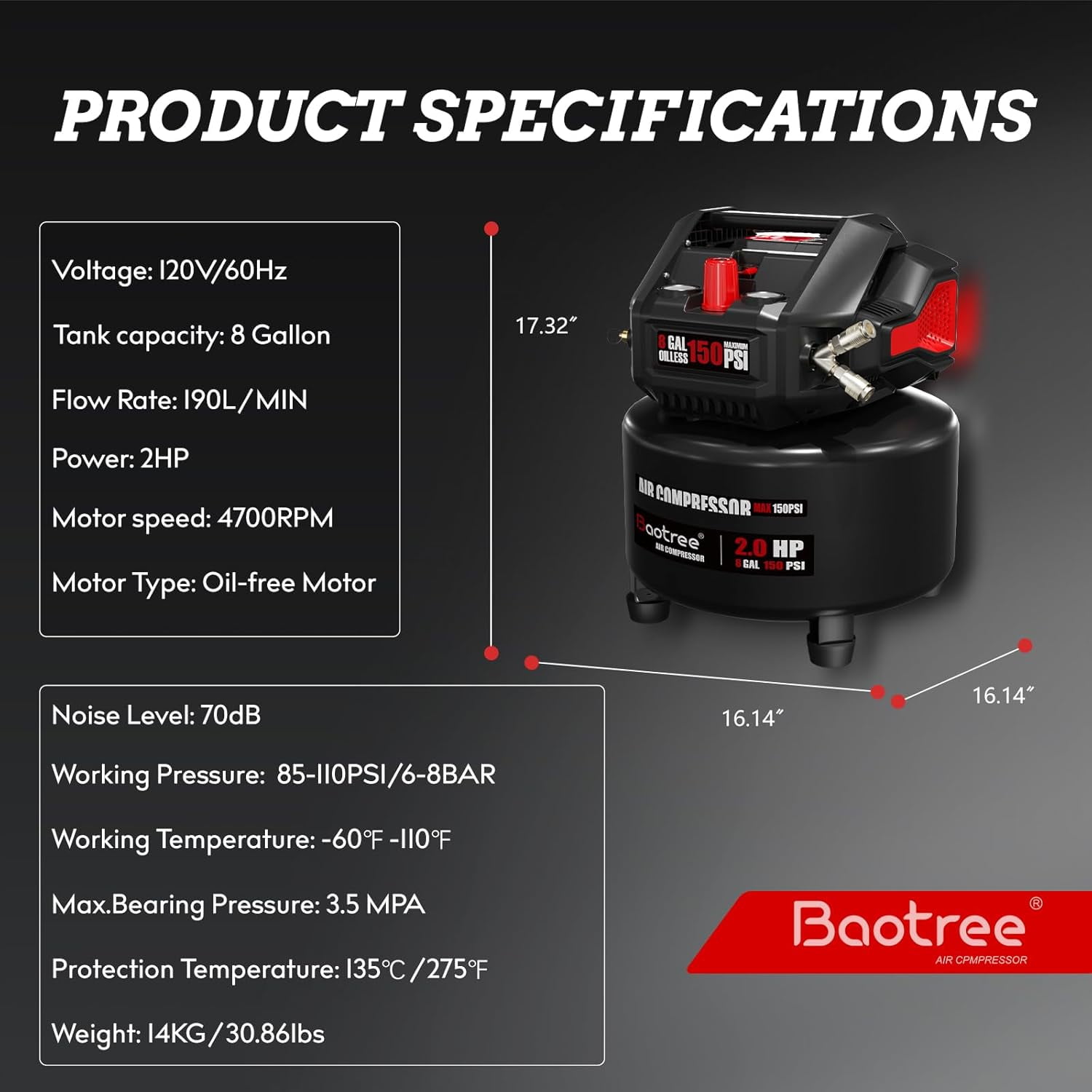 Baotree 8-Gallon/4-Gallon Portable Air Compressor, 2HP, 150PSI, oil-free air tank, high-power motor, suitable for garage work such as car repair and woodworking. (8-Gallon)