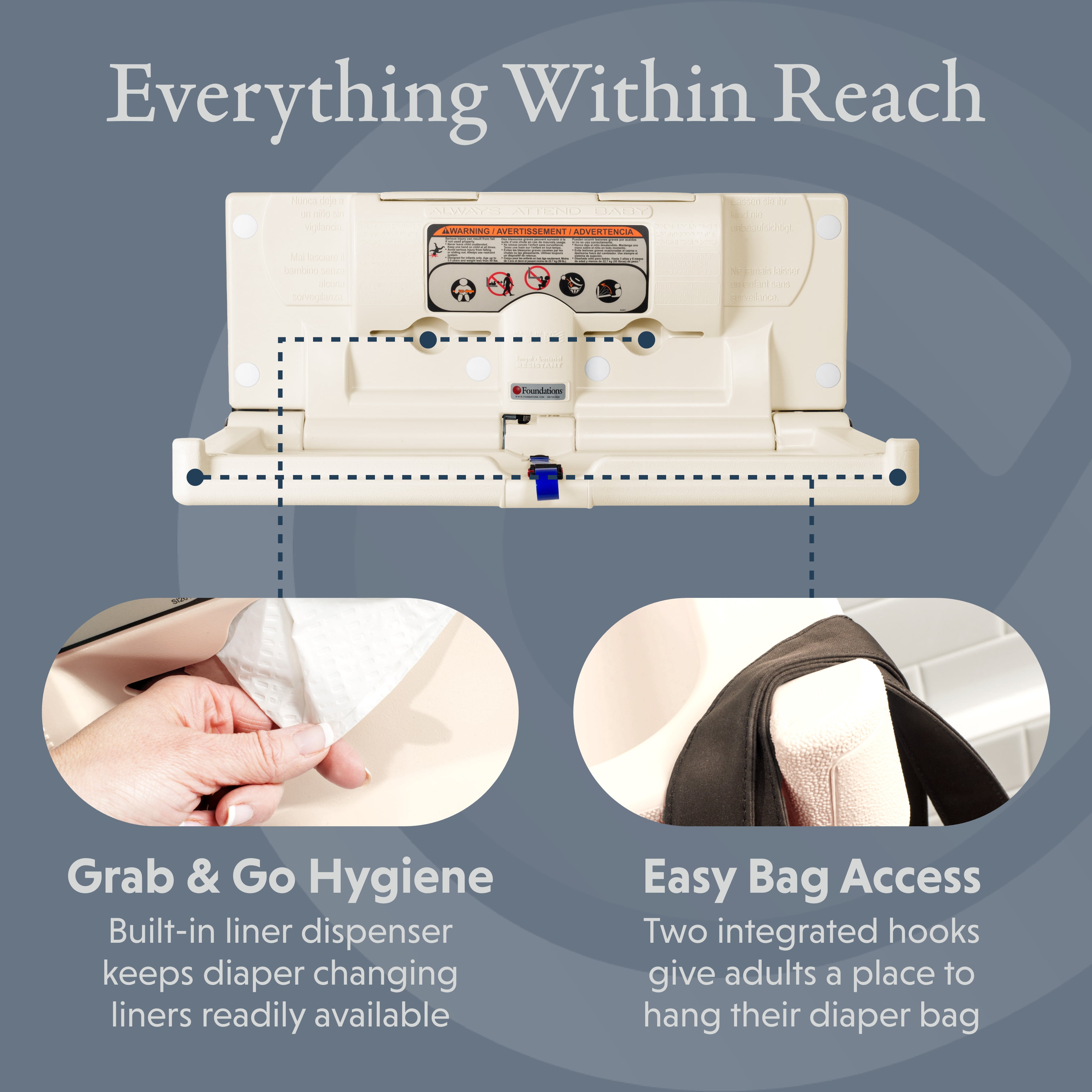 Foundations Classic Horizontal Baby Changing Station, EZ Mount Backer Plate, 250 lb. Weight Capacity, 5211089, Cream