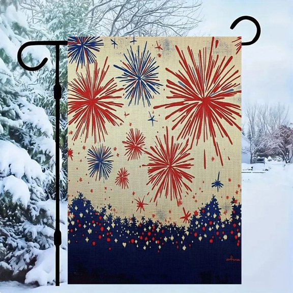 RKSupls Patriotic Linen Double Sided Garden Flag, Independence Day Themed Yard Decor, Rustic Fireworks Trees Fabric Outdoor Banner for Holiday Lawn
