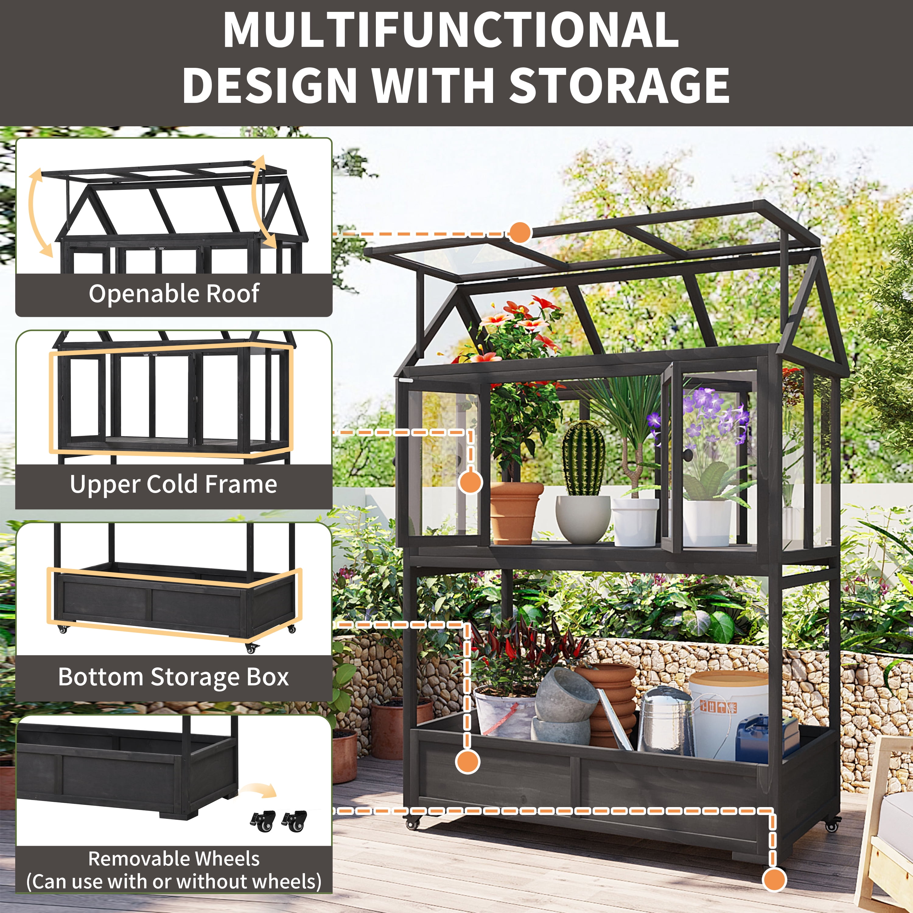 Yoneston Garden Wood Portable Cold Frame with Movable Wheels Mini Greenhouse with Openable Roof and Storage Box, Black