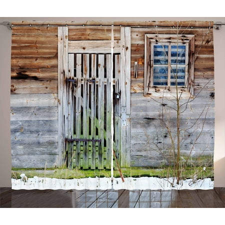 Wooden Doors For Bedrooms Primitive Country Decor Curtains 2 Panels Set, Neglected Old Farmhouse Rustic Wooden Door and Window Rural, Window Drapes for Living Room Bedroom, 108W X 90L Inches, Brown Green Silver, by Ambesonne ()